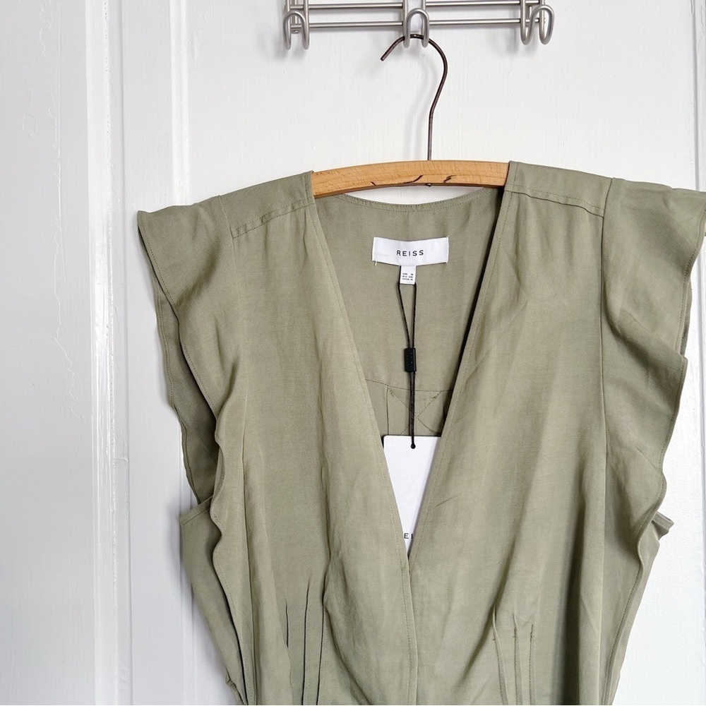 REISS • Emma Plunge Frill Shoulder Dress green midi button front tie waist belt - Picture 4 of 14
